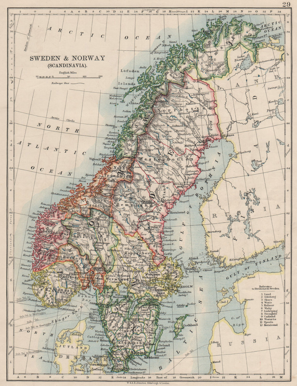 SCANDINAVIA. Sweden Norway.Railways Undersea telegraph cables. JOHNSTON 1900 map