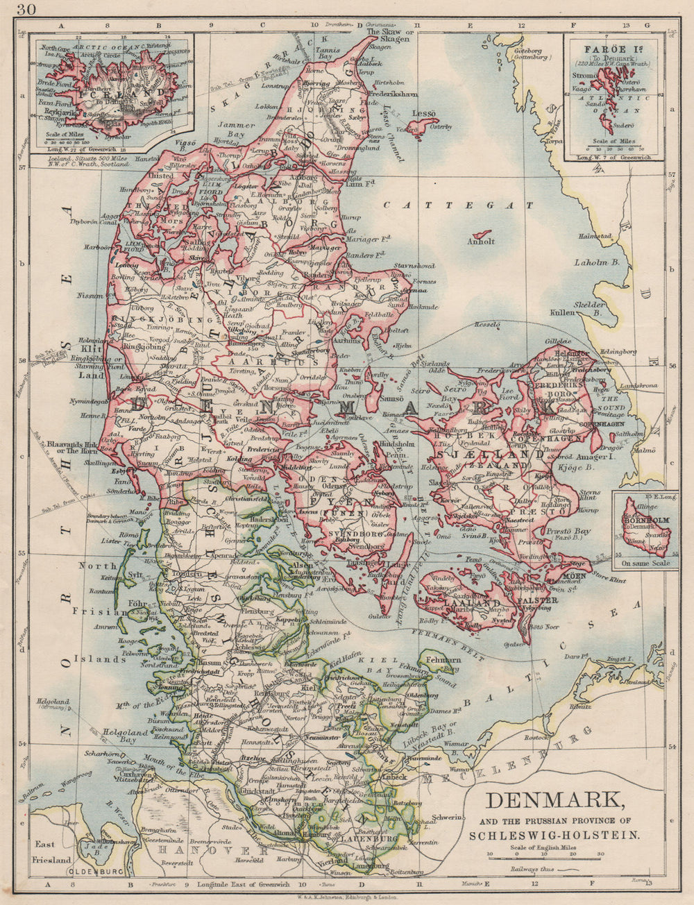 DENMARK SLESVIG-HOLSTEN. Prussian Schleswig-Holstein. JOHNSTON 1900 old map