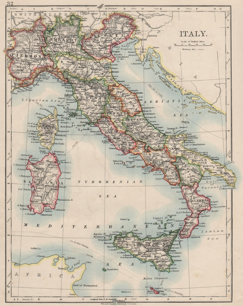 ITALY. Showing states/territorial divisions. JOHNSTON 1900 old antique map