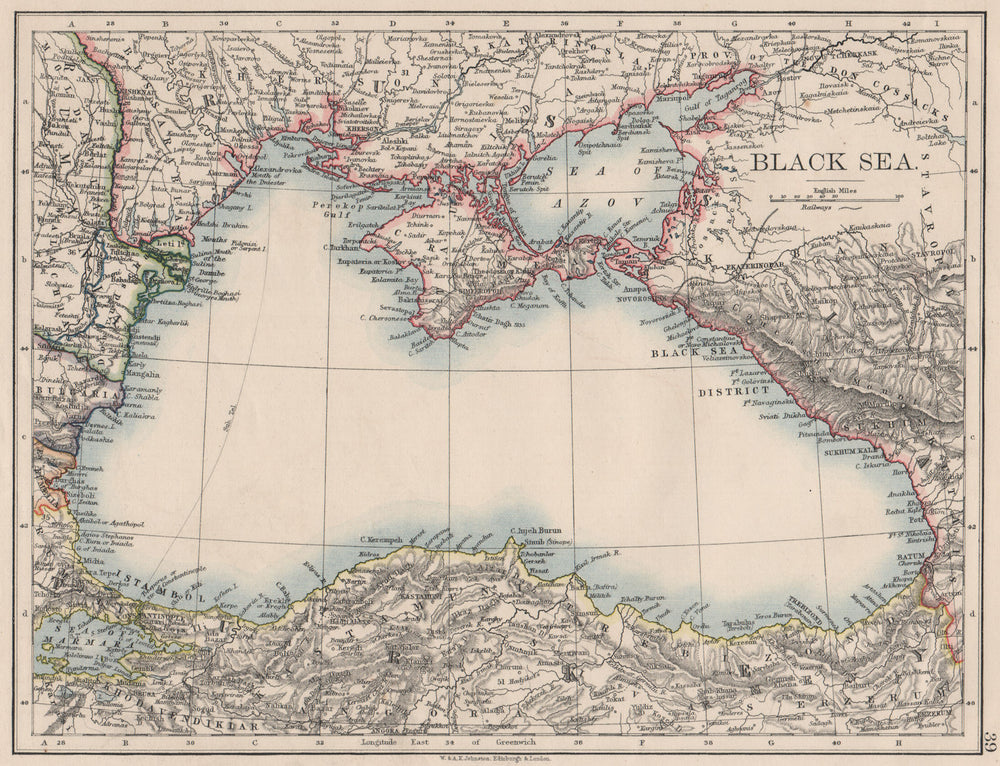 BLACK SEA. Russia Turkey Crimea Romania Bulgaria Kutais. JOHNSTON 1900 old map