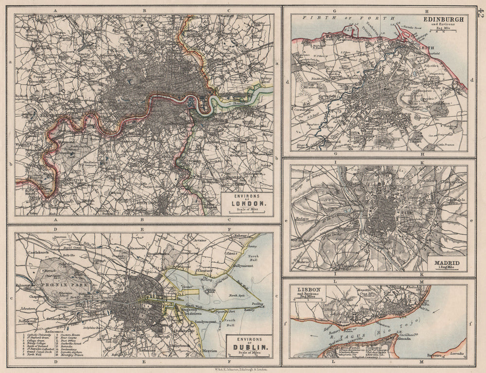 EUROPEAN CITIES. London Edinburgh Madrid Lisbon Dublin. JOHNSTON 1900 old map