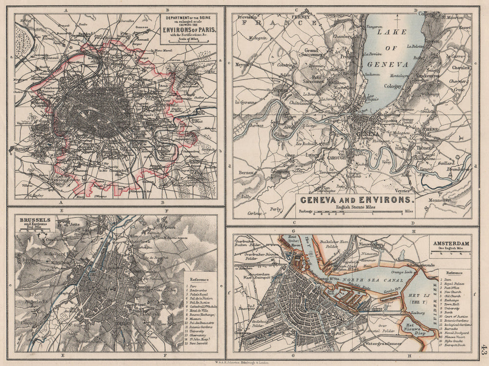 EUROPEAN CITIES. Environs of Paris Brussels Amsterdam Geneva.JOHNSTON 1900 map