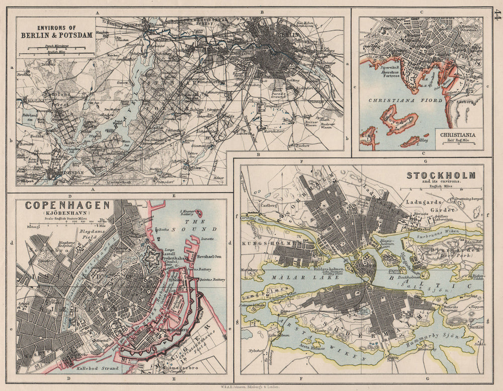 EUROPEAN CITIES. Berlin Copenhagen Stockholm Christiania/Oslo. JOHNSTON 1900 map