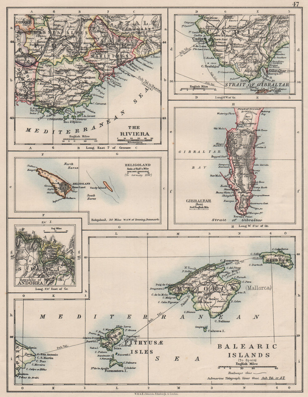 EUROPE.Balearic islands.Heligoland Gibraltar Andorra Riviera.JOHNSTON 1900 map