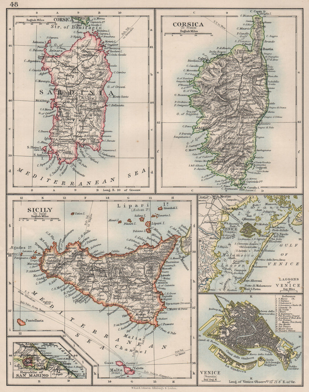 MEDITERRANEAN ISLANDS. Sardinia Corsica Venice Sicily Venezia. JOHNSTON 1900 map