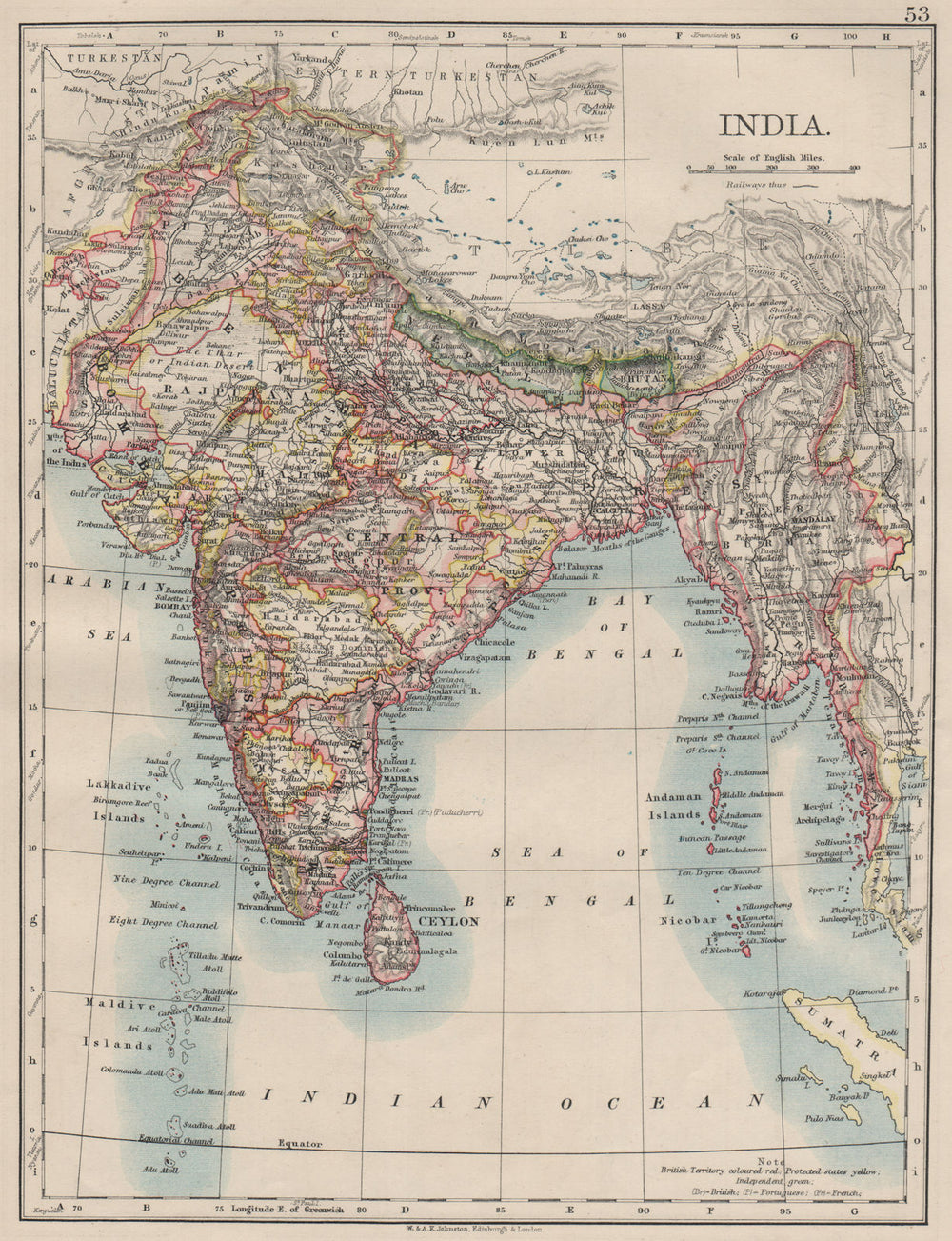 BRITISH INDIA. Showing states. Burma Nepal Bhutan Ceylon.  JOHNSTON 1900 map