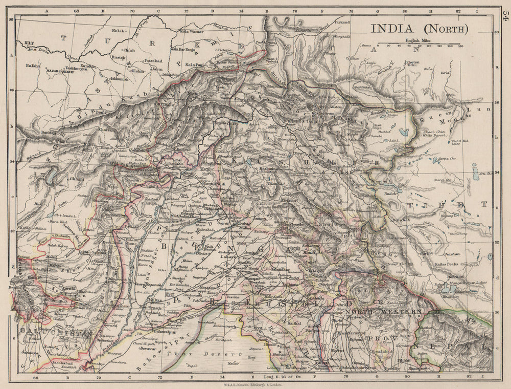 BRITISH INDIA NORTH. Jammu Kashmir Punjab Himalayas. JOHNSTON 1900 old map