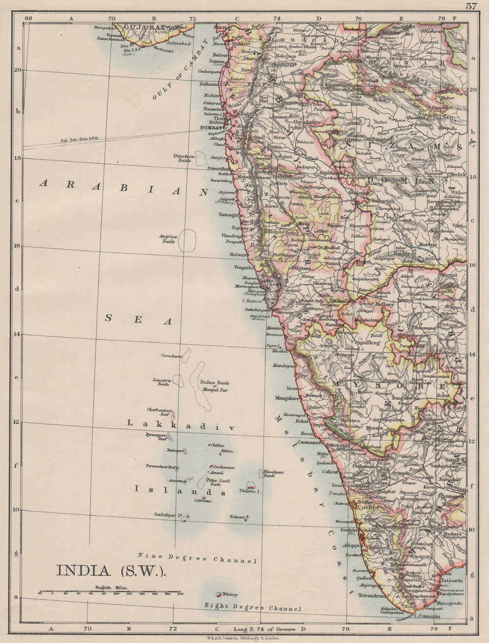 BRITISH INDIA SW.Bombay Mysore Malabar Coast Lakkadives.  JOHNSTON 1900 map