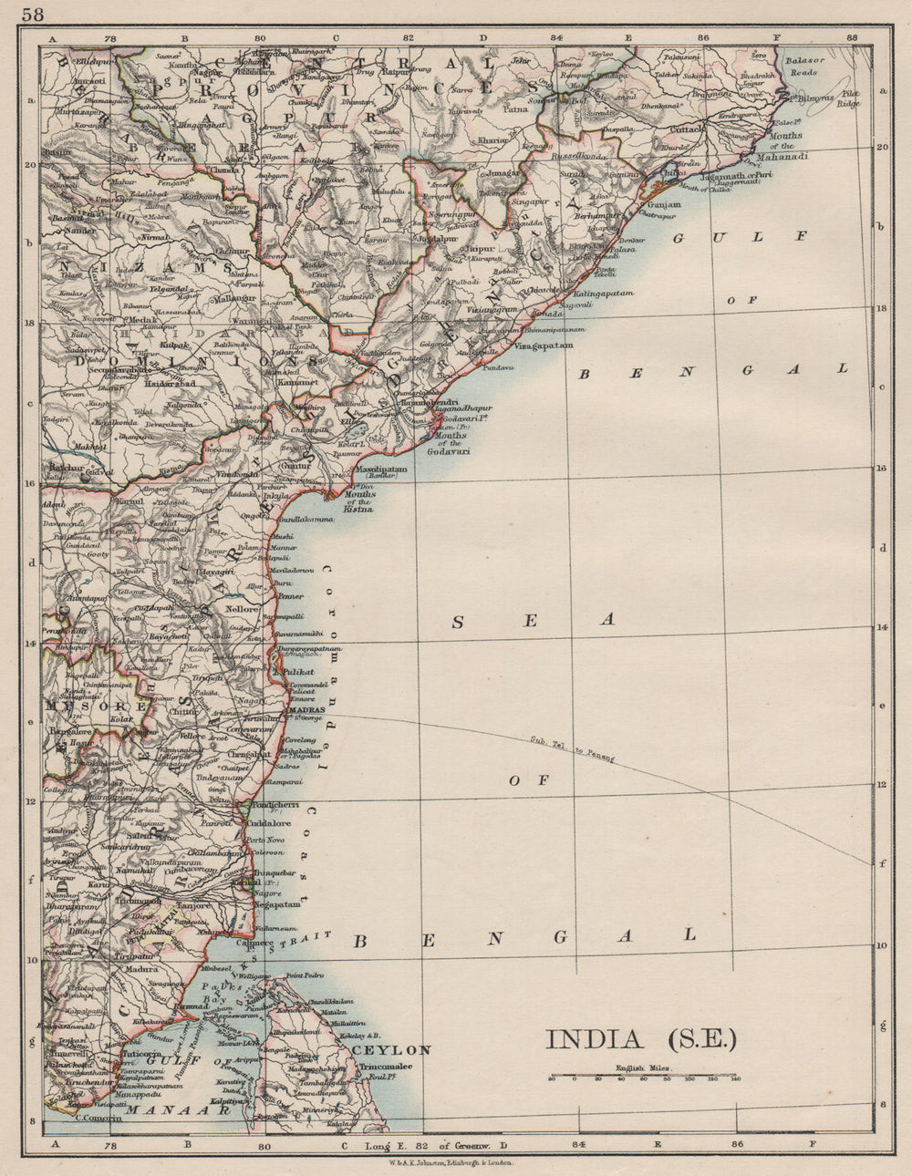 BRITISH INDIA SE.Madras Karnatak. French Karikal Pondicherry.JOHNSTON 1900 map