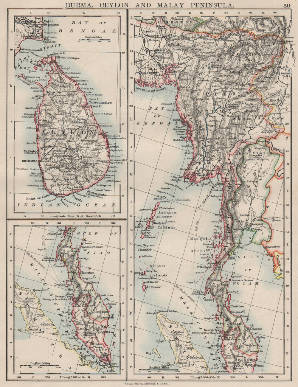 BURMA CEYLON SIAM MALAY PENINSULA. Assam Singapore Thailand 1900 old map