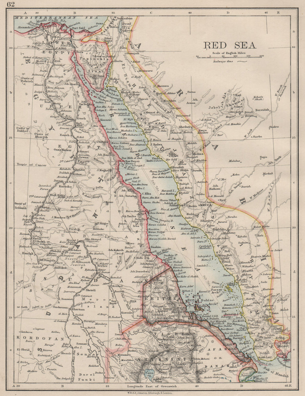 RED SEA. Egypt Eritrea Hedjaz Asir Yemen. Nile valley. Sinai.  JOHNSTON 1900 map