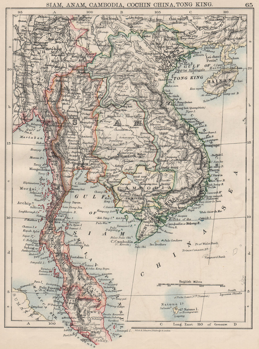INDOCHINA.Siam with British & French spheres. Burma Cambodia Anam  1900 map