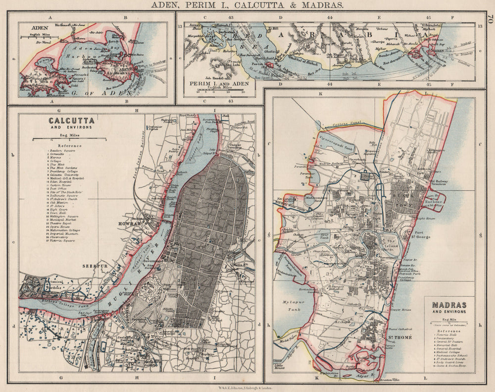 BRITISH INDIA CITIES.Calcutta & Madras plans. Also Aden/Perim.JOHNSTON 1900 map