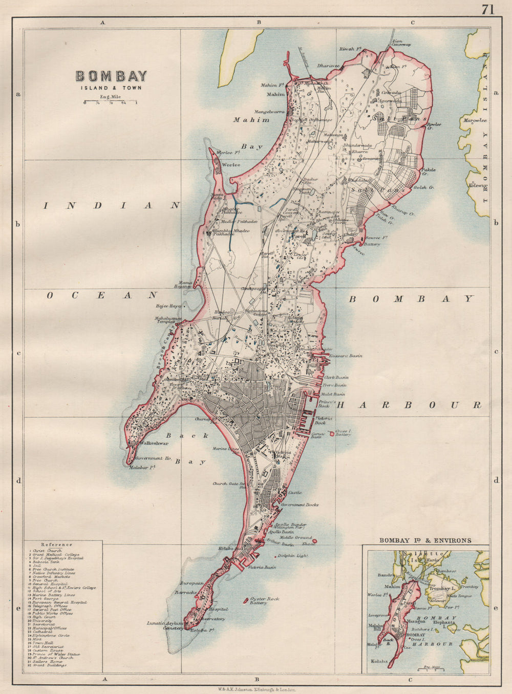 BOMBAY ISLAND. City connected by Zion causeway. Mumbai. JOHNSTON 1900 old map