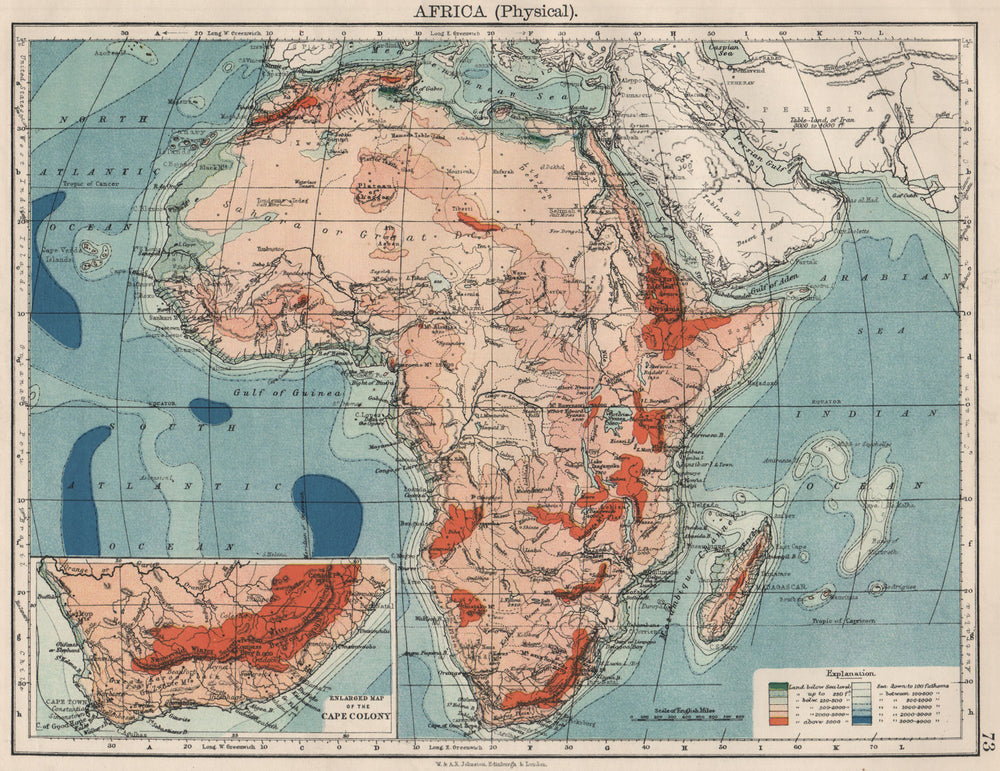 AFRICA PHYSICAL. Relief ocean depths rivers. JOHNSTON 1900 old antique map