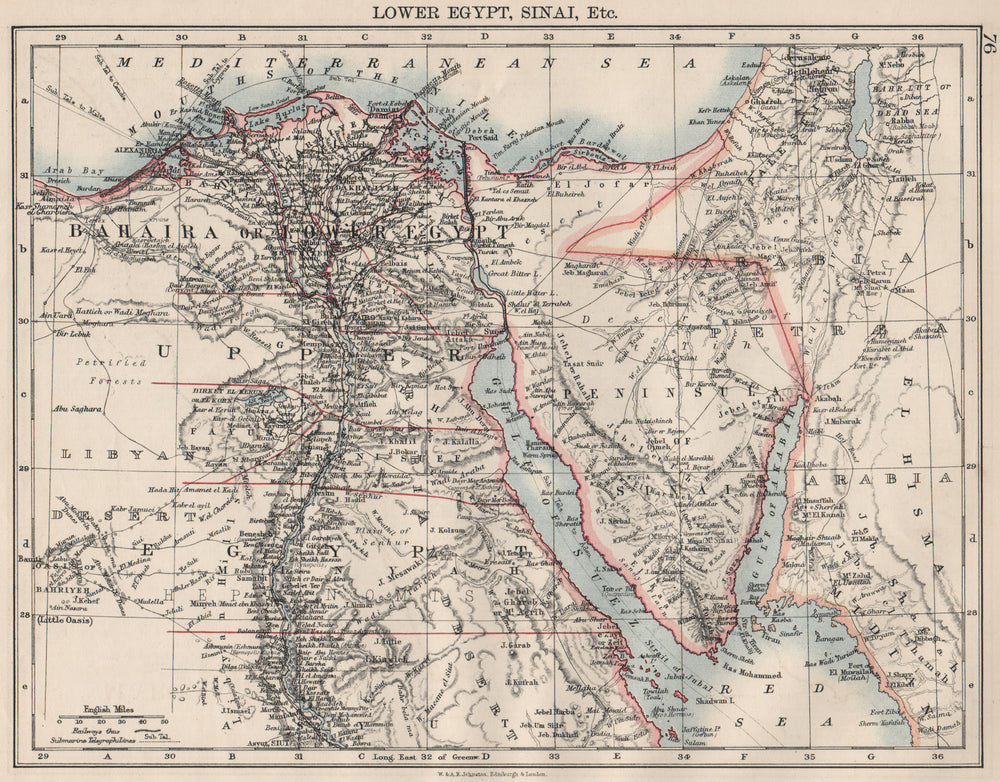 LOWER EGYPT & SINAI. Provinces. Nile valley/delta. Railways.  JOHNSTON 1900 map