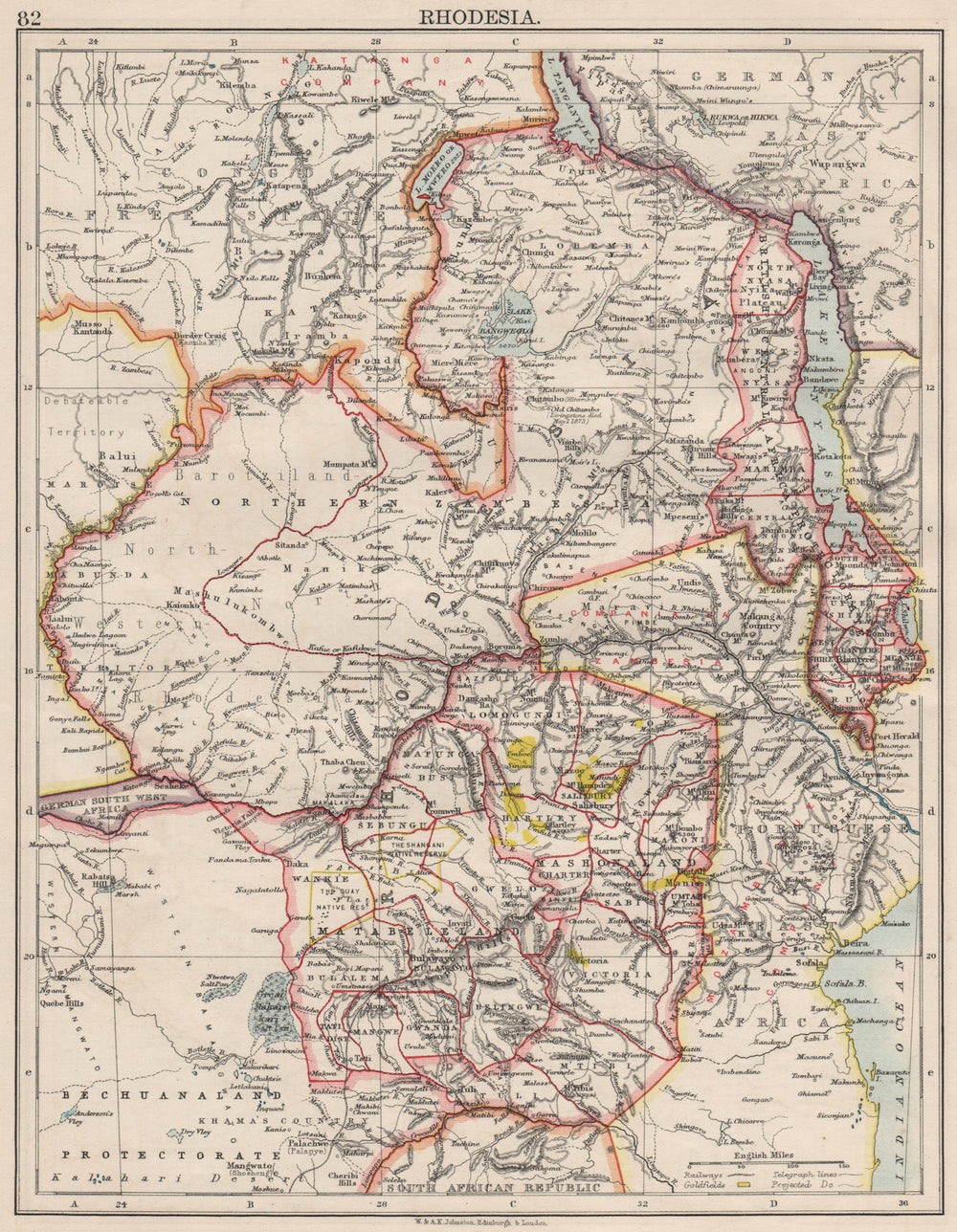 RHODESIA. Goldfields (yellow). Zambesia. Zambia Malawi Zimbabwe 1900 map