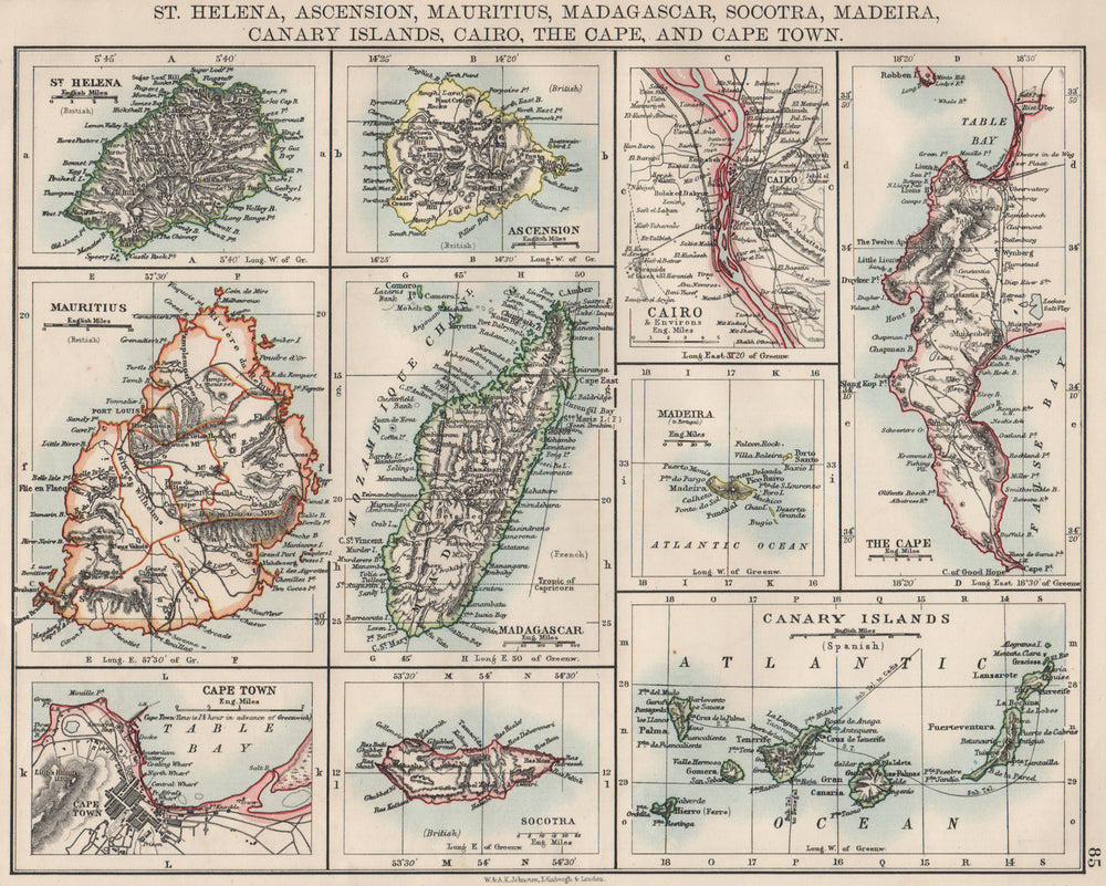 AFRICAN ISLANDS.Mauritius Madagascar Madeira Canaries St Helena 1900 old map