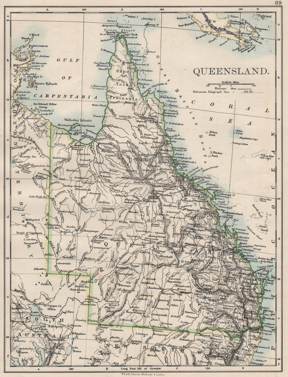 QUEENSLAND. State map Brisbane Gold Coast Railways. Australia. JOHNSTON 1900