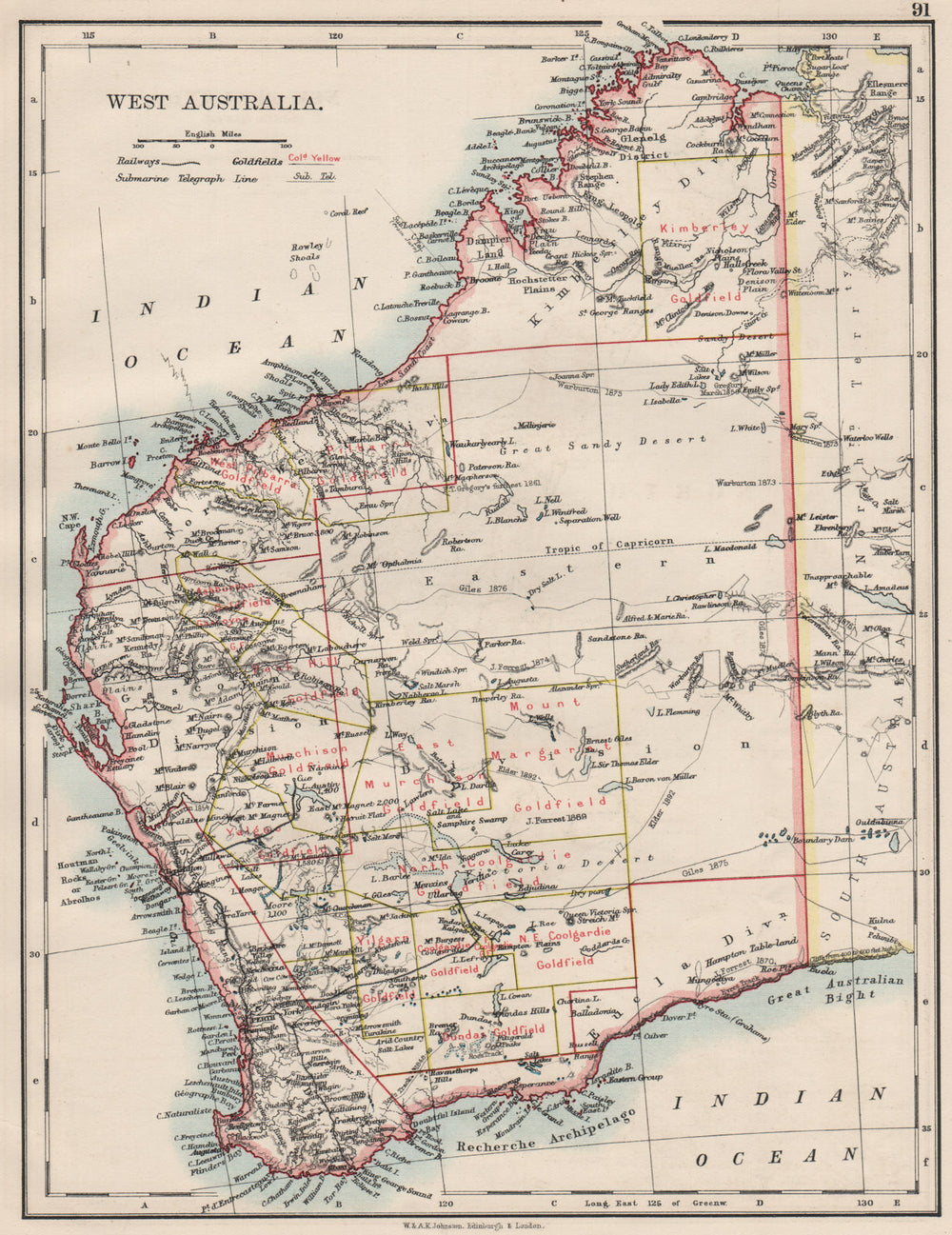WEST AUSTRALIA. Goldfields Explorers route Giles Forrest Warburton Roe 1900 map