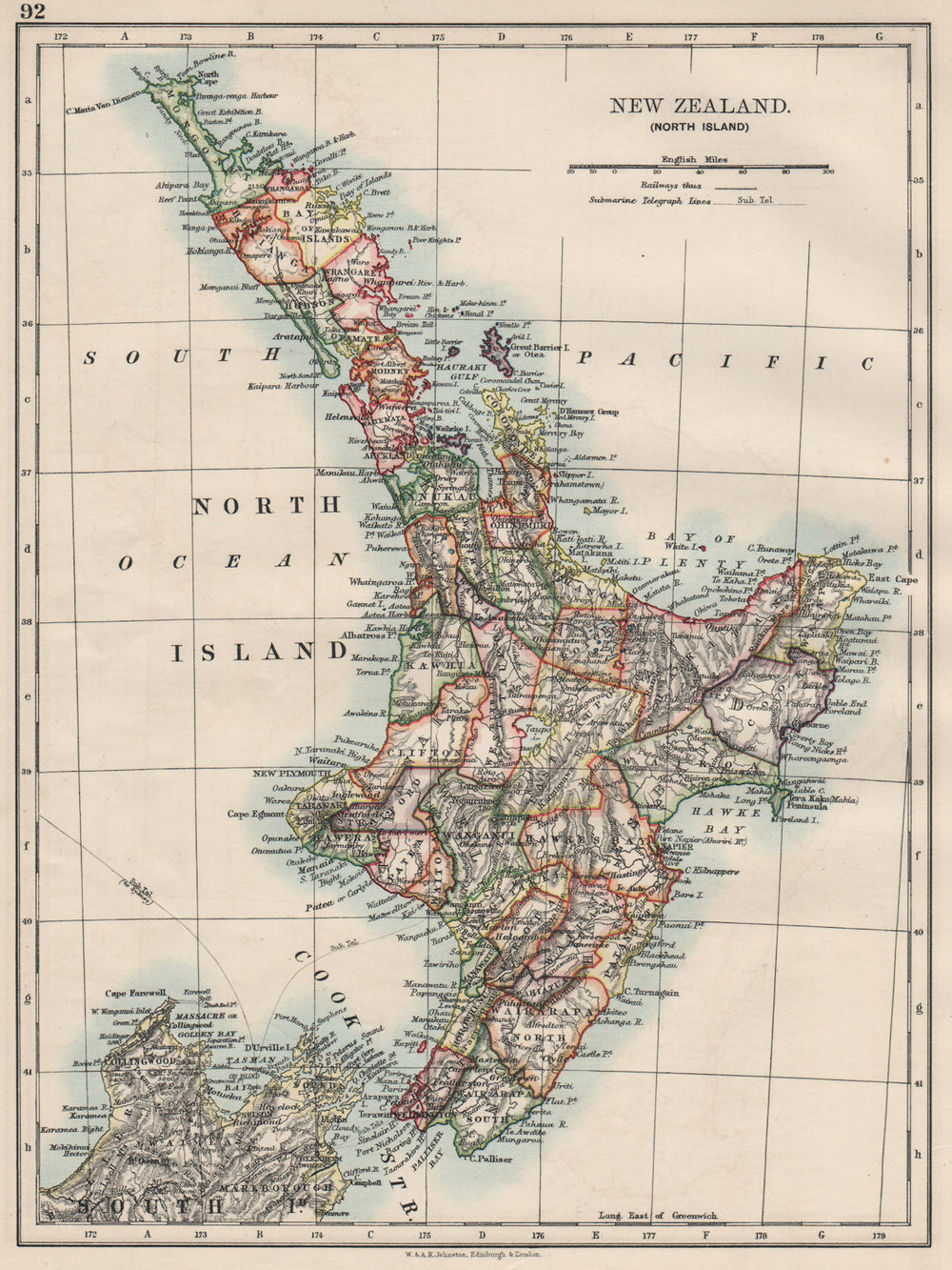 NORTH ISLAND NEW ZEALAND. Showing counties telegraph cables. JOHNSTON 1900 map