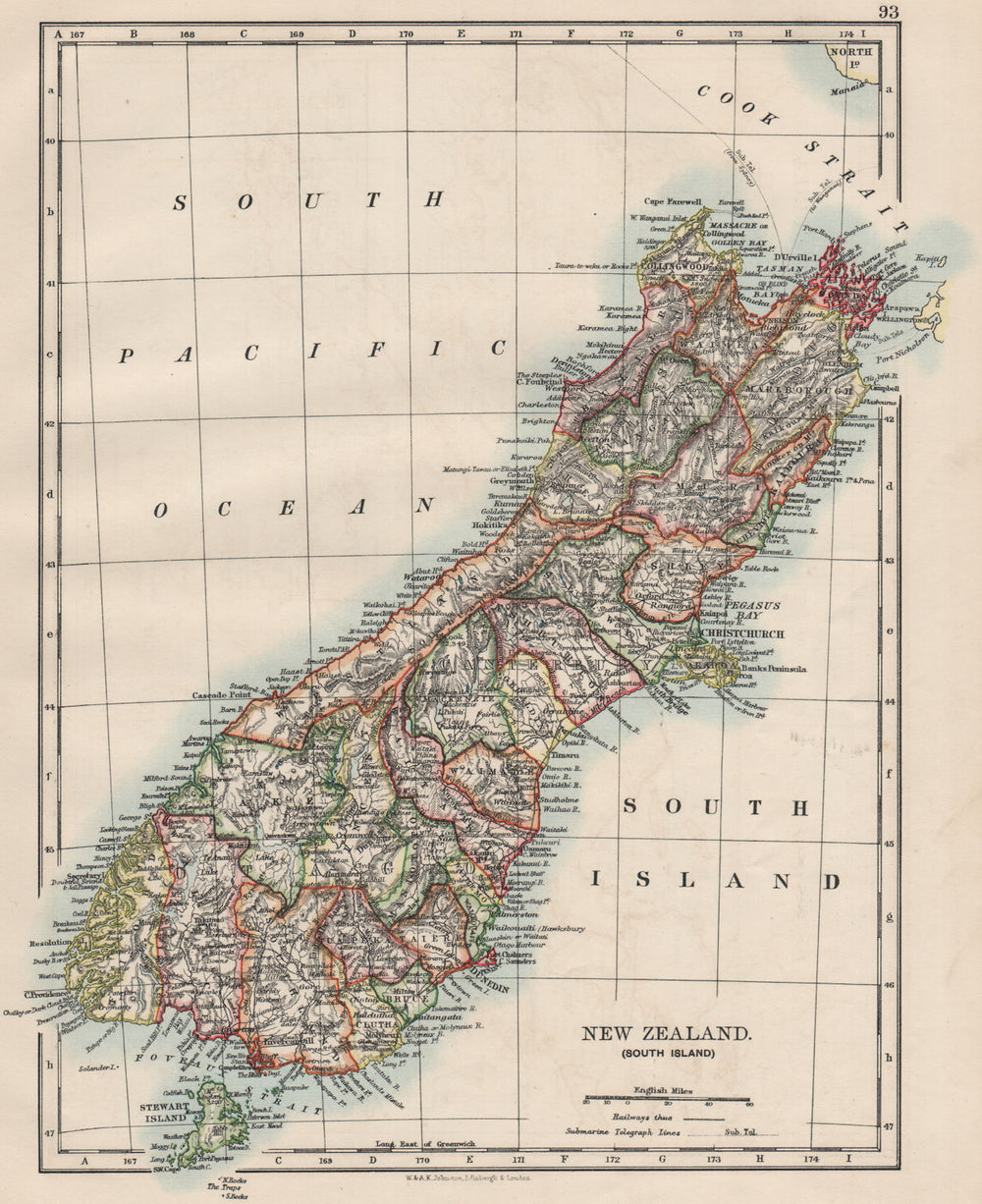 SOUTH ISLAND NEW ZEALAND. Showing counties. Telegraph cables.  JOHNSTON 1900 map