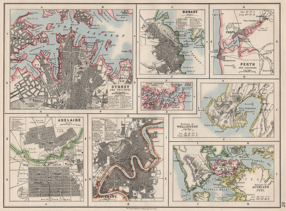 AUSTRALIA NZ CITIES. Sydney Hobart Perth Adelaide Brisbane Auckland 1900 map