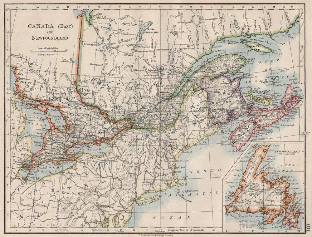 EASTERN CANADA. Ontario Quebec Maritime Provinces NB PE NS.  JOHNSTON 1900 map