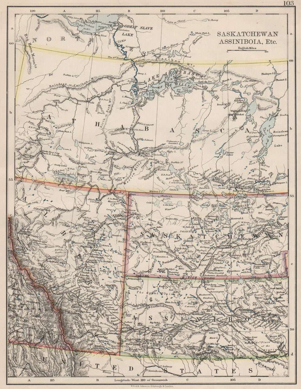 CANADA PRAIRIES. Alberta Saskatchewan Assiniboia Athabasca. JOHNSTON 1900 map