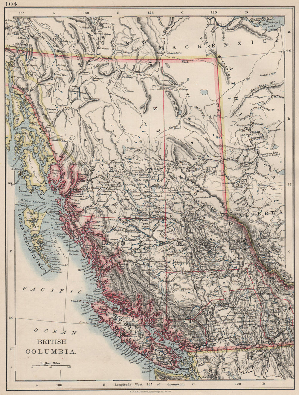 BRITISH COLUMBIA. Province map. Railroads. Vancouver island.  JOHNSTON 1900