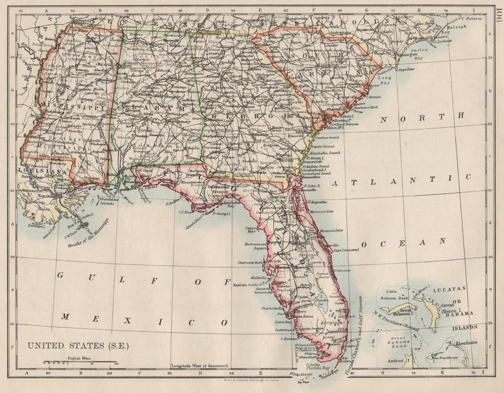 USA DEEP SOUTH. Florida South Carolina Georgia Alabama Mississippi USA 1900 map