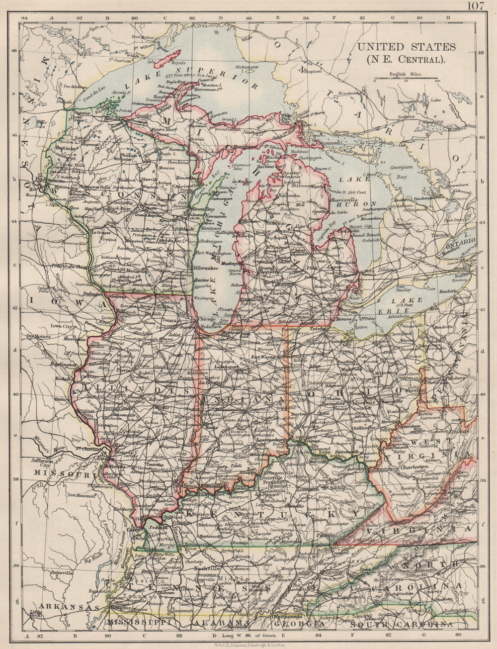 USA MID WEST. Wisconsin Michigan Illinois Ohio Indiana Kentucky TN 1900 map