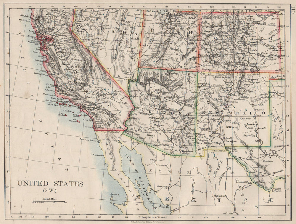 USA SOUTH WEST. California Arizona NM Colorado Utah Nevada.  JOHNSTON 1900 map