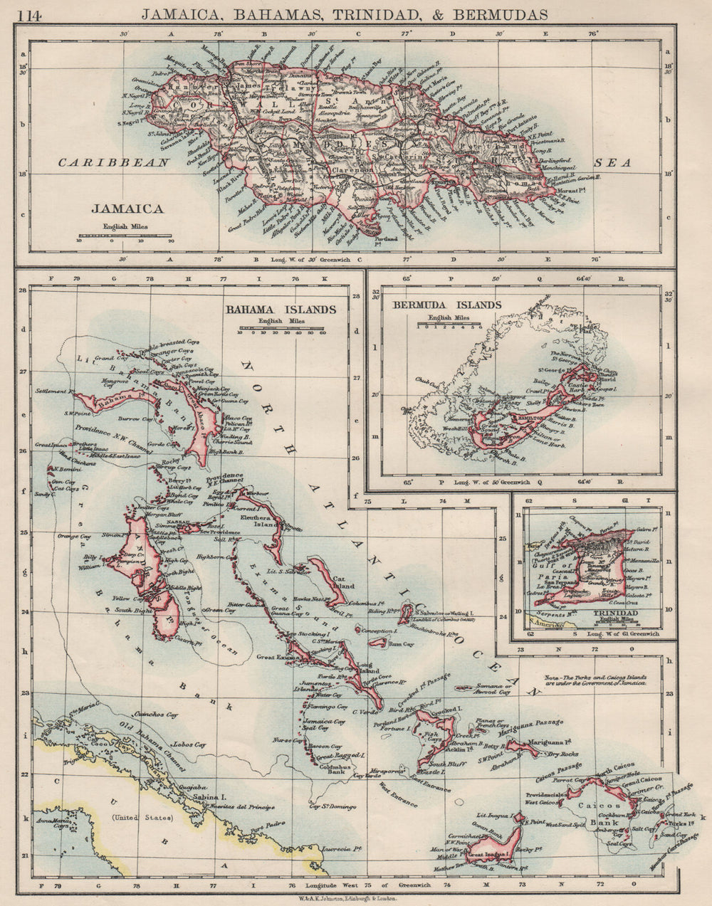 CARIBBEAN/ATLANTIC ISLANDS.Jamaica Bermuda Bahamas Trinidad.  JOHNSTON 1900 map