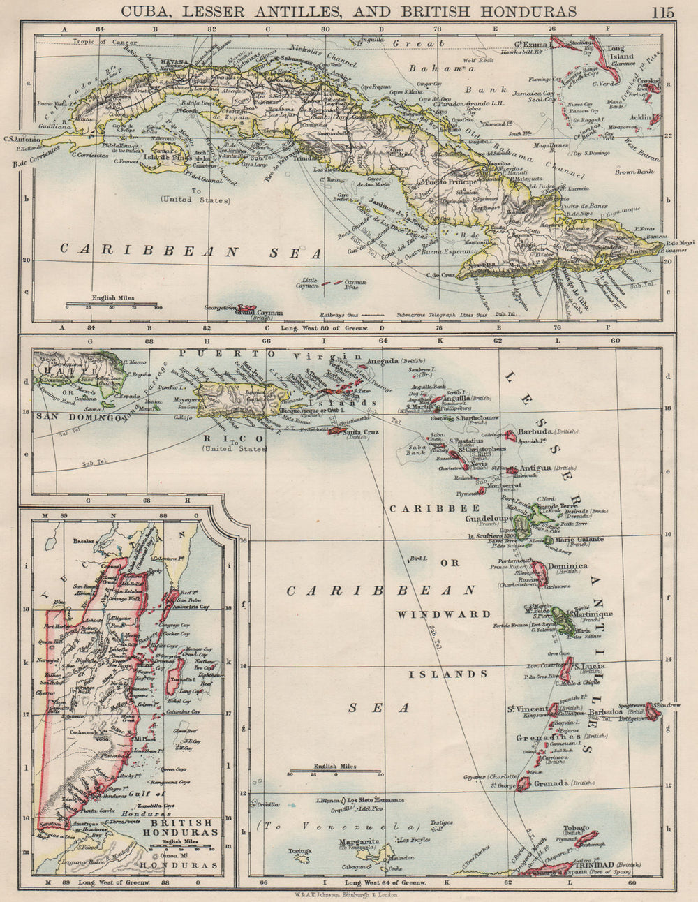 CARIBBEAN ISLANDS.Cuba British Honduras Caribbee/Windward. JOHNSTON 1900 map