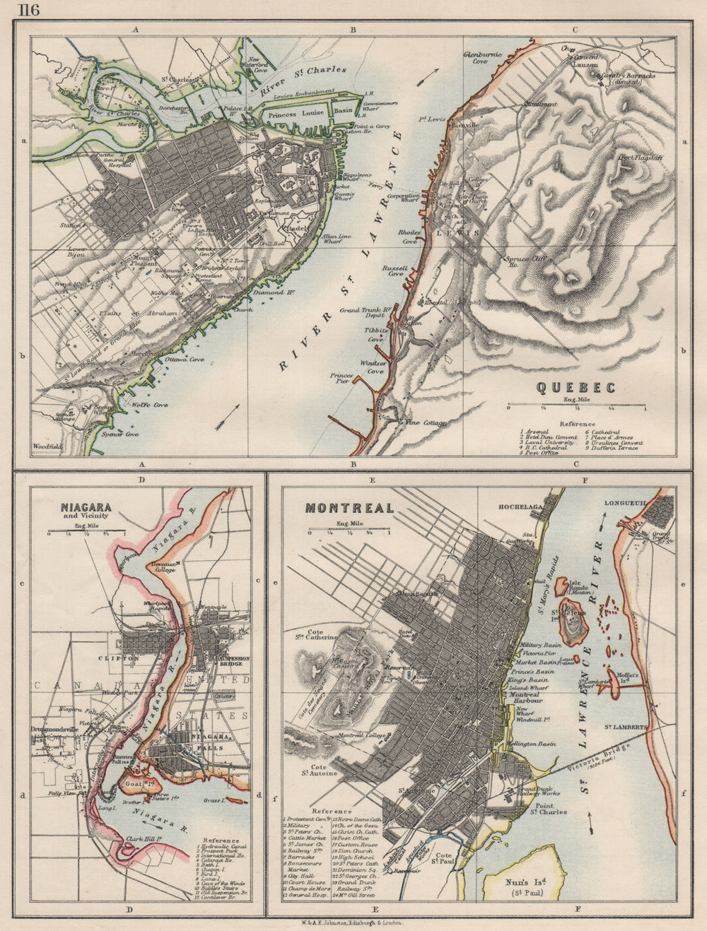 CANADIAN CITIES.Quebec Montreal Montréal Niagara Falls plans.  JOHNSTON 1900 map