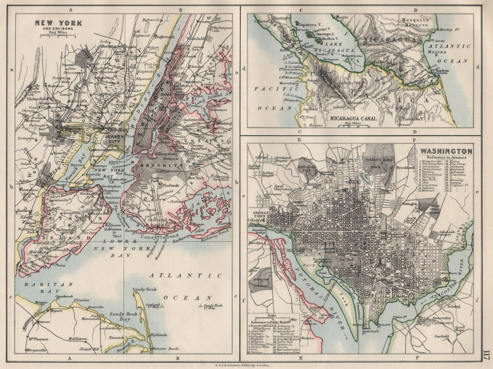 US CITIES/NICARAGUA CANAL.New York & Washington plans.  JOHNSTON 1900 old map