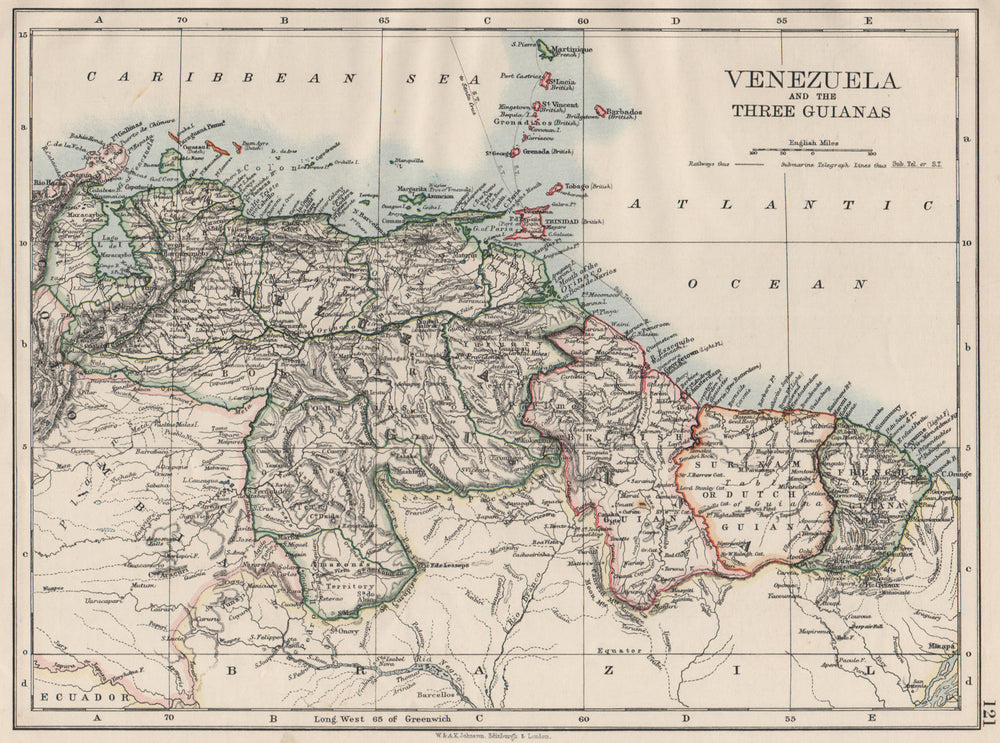 VENEZUELA / GUIANAS. Suriname. British French Dutch Guyana.  JOHNSTON 1900 map