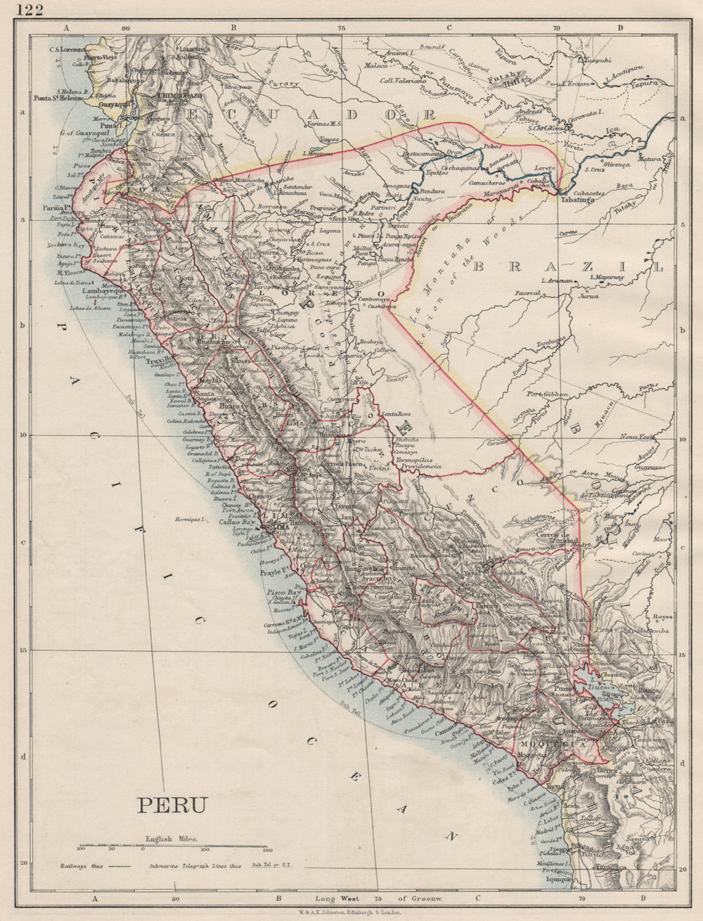 PERU. Border as before Peru-Ecuador war (1941). JOHNSTON 1900 old antique map