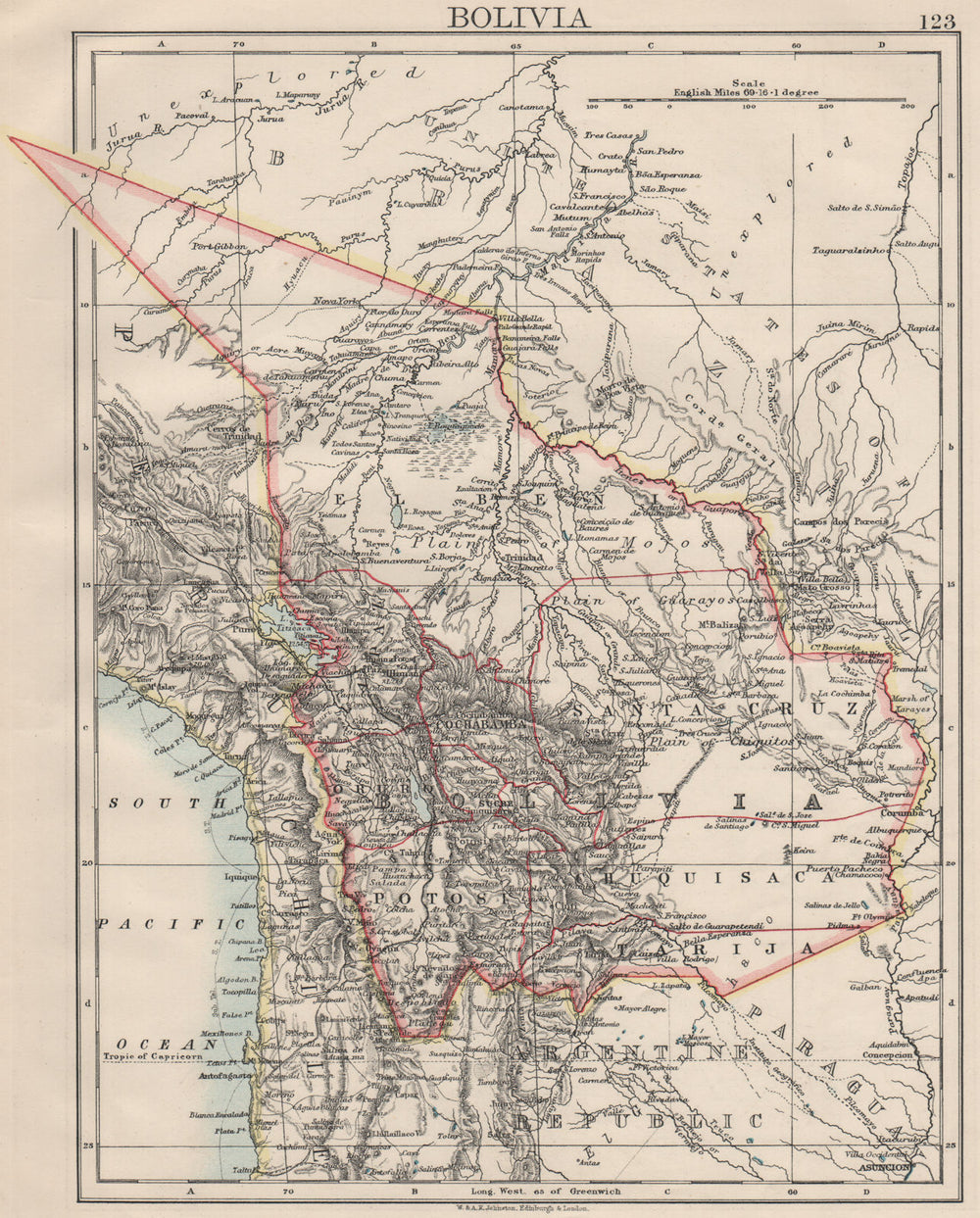BOLIVIA. includes Acre, lost to Brazil in 1899-1903 war. JOHNSTON 1900 old map