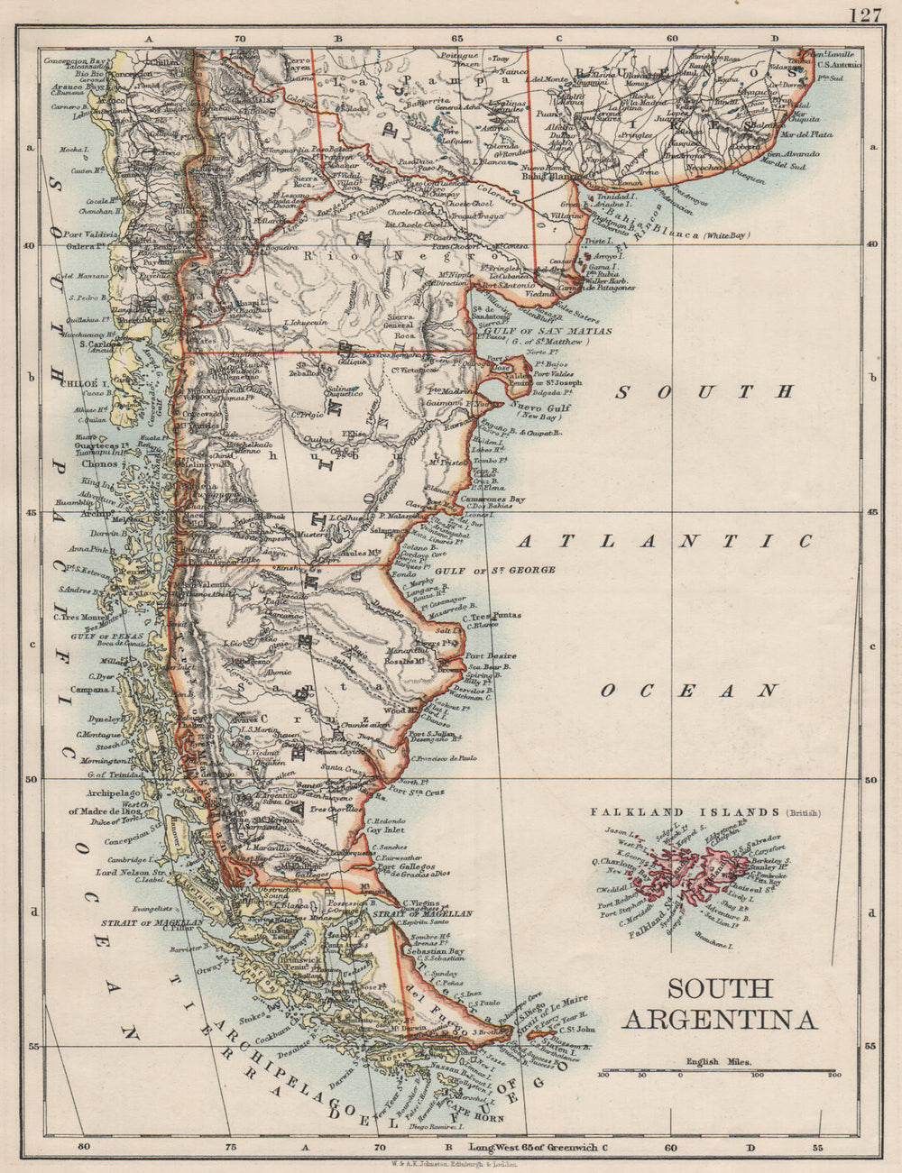 PATAGONIA. Southern Argentina & Chile. Falkland Islands. JOHNSTON 1900 old map