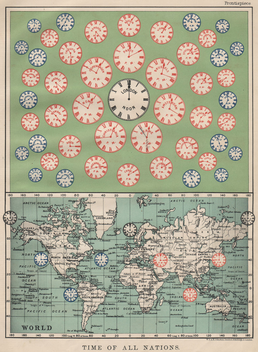 TIME OF ALL NATIONS. predates UTC/standard hourly time zones.  JOHNSTON 1903 map