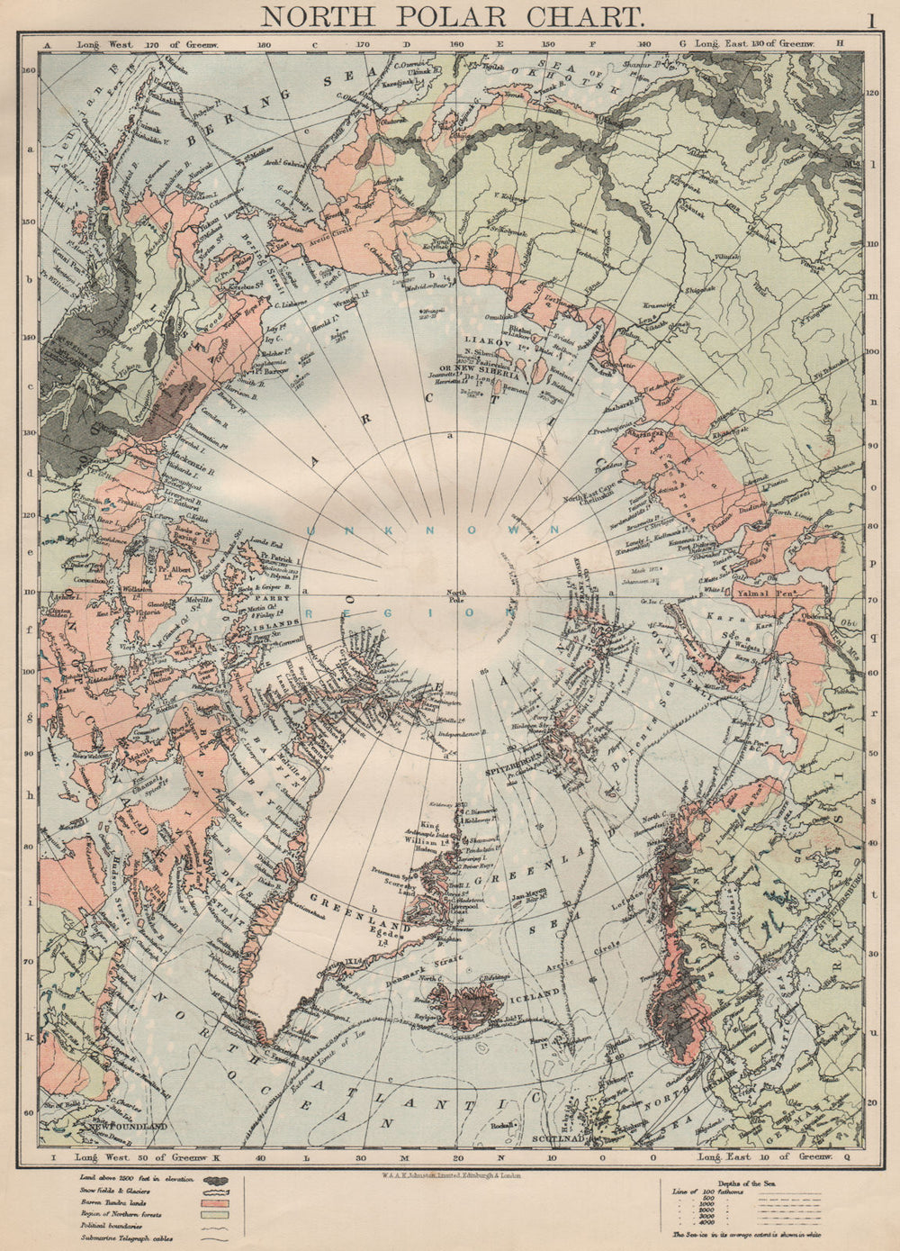 NORTH POLAR CHART. Shows explorers' routes. Nansen 1895. JOHNSTON 1903 old map