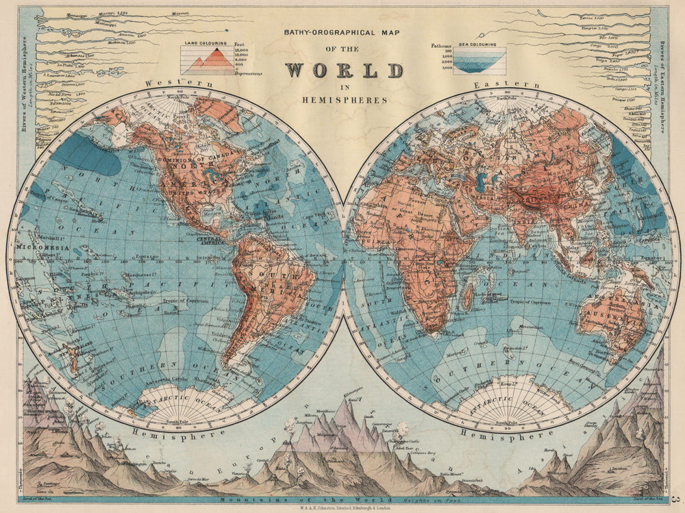 WORLD TWIN HEMISPHERES. Relief. Mountains. Rivers.  JOHNSTON 1903 old map
