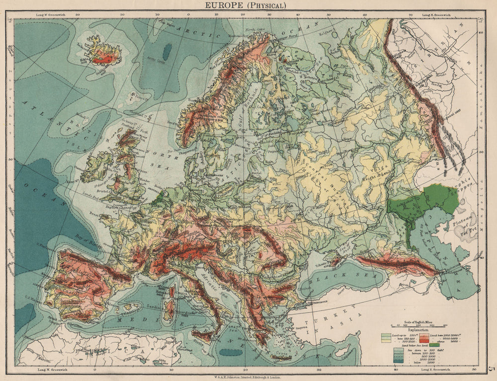 EUROPE PHYSICAL. Relief Ocean depths Key mountains Plains. JOHNSTON 1903 map