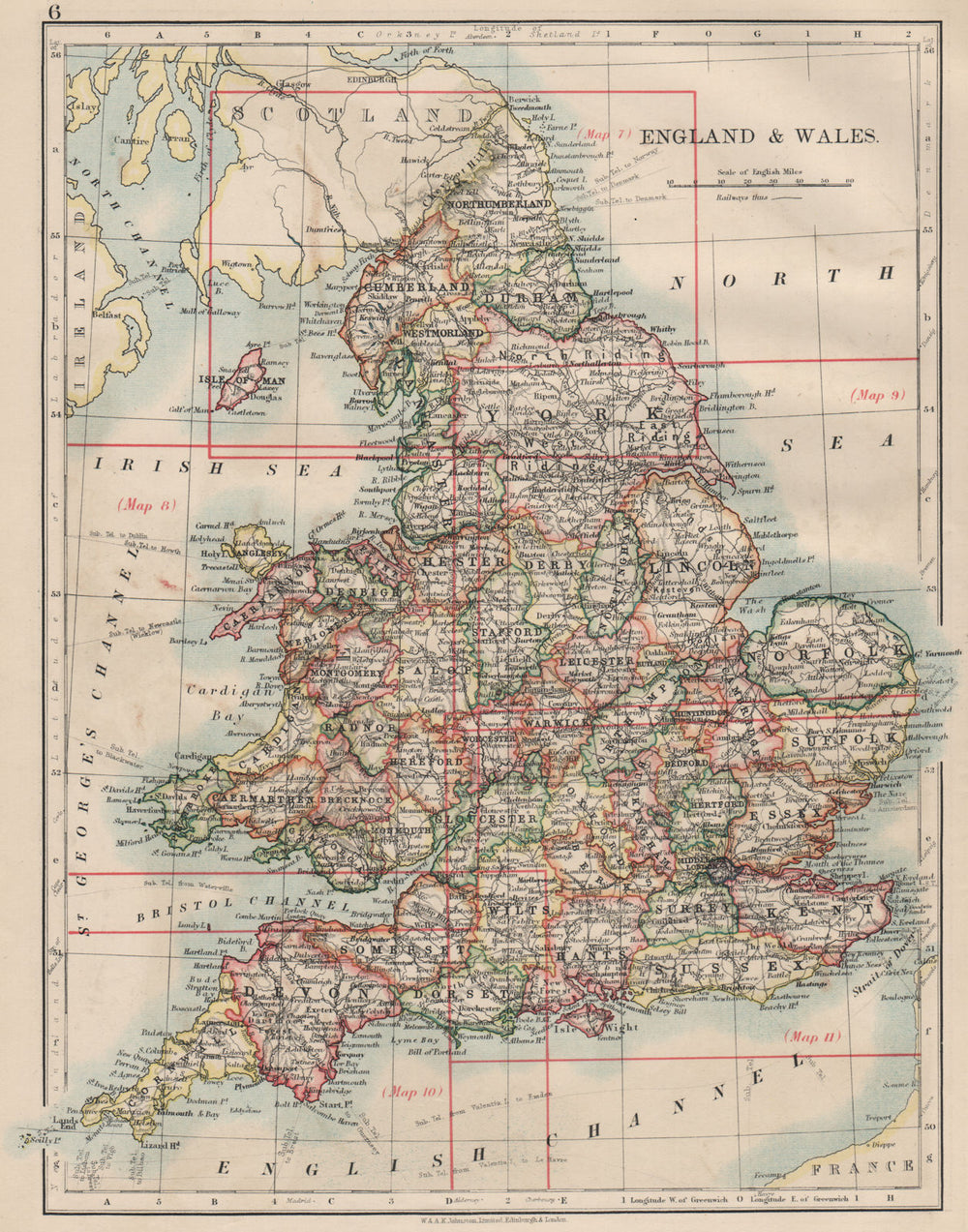 ENGLAND AND WALES. Counties. Westmorland. Telegraph cables.  JOHNSTON 1903 map