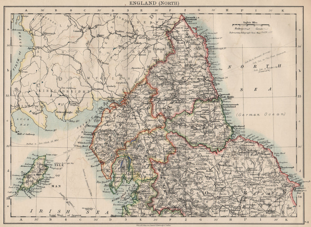 NORTHERN ENGLAND. Northumbs Durham Cumbs Westm N Yorks IOM. JOHNSTON 1903 map