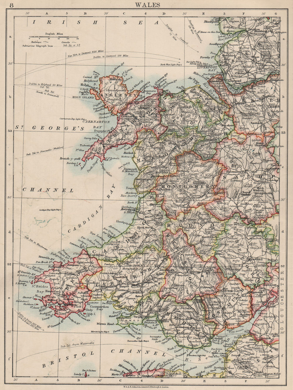WALES. Showing counties. Telegraph cables.  JOHNSTON 1903 old antique map