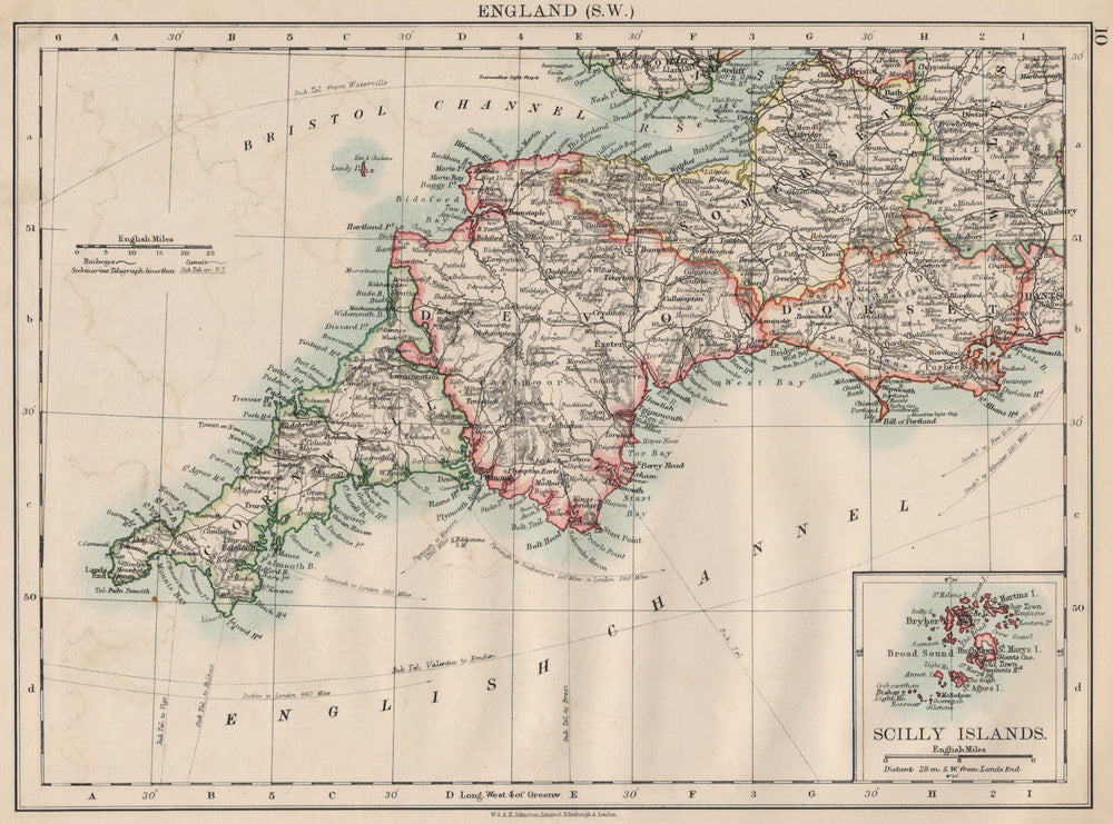 SOUTH WEST ENGLAND.Devon Cornwall Dorset Somerset.Telegraphs.JOHNSTON 1903 map
