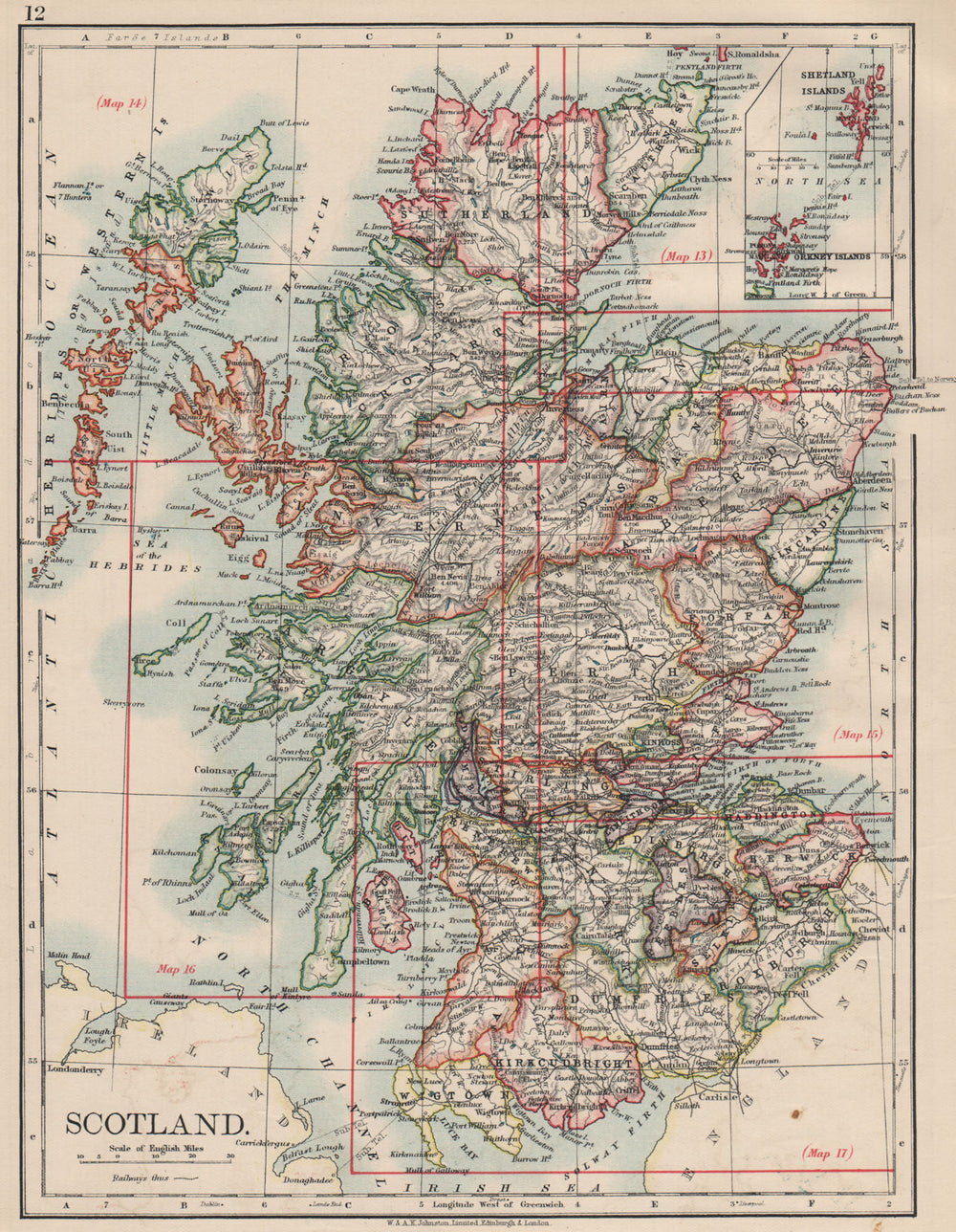 SCOTLAND. Counties. Undersea telegraph cables. JOHNSTON 1903 old antique map